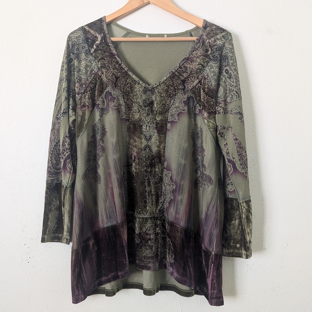 Y2K Whimsigoth Olive Green Purple Top, Velvet Accents, Size 1X